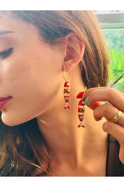 Gönülden Tasarım Steel Ring Red Fish Women's Earrings 6 cm