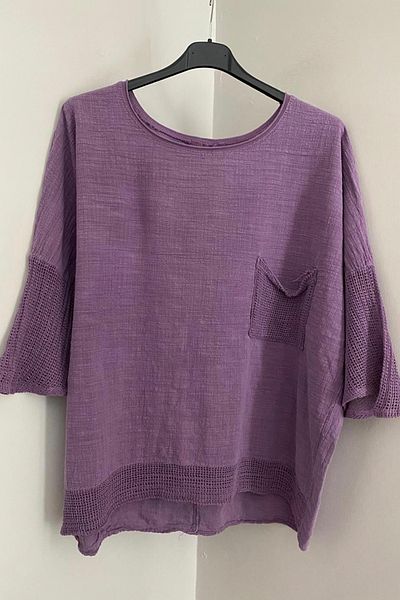 AYASOFYA OTANTIK Women's Purple Sleeves and Skirt Mesh Detailed Oversize Loose Linen Cotton Blouse with Pockets