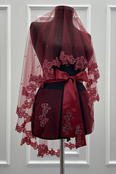 ZEYMERADE Bordo Gelin Duvak Seti, Cam Boncuk Ve İncili, Kına Gecesi Duvağı Yü...