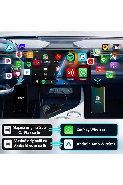 ENZIRO Adaptor Auto Wireless 2 in 1 Apple Carplay si Android Auto, Plug and Play, Bluetooth, WiFi, Negru