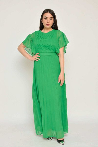 Nichii Casual Long Chiffon Dress with Pleats and Short Sleeves