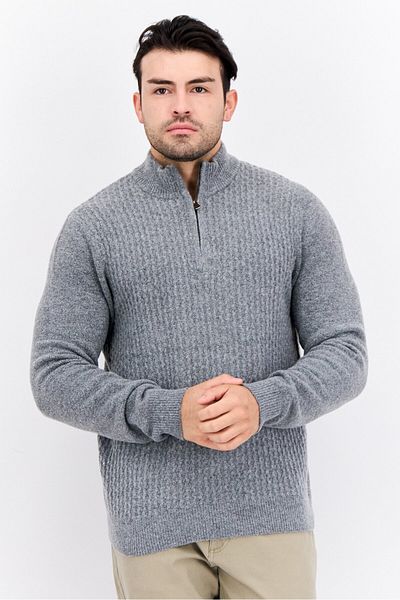 Thomas Sterling Men Mock Neck Long Sleeve Knitted Half Zip Sweater, Grey