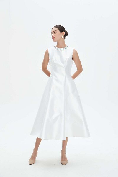 Nichii Women's Plain Midi Dress with Flare and Rhinestone Details