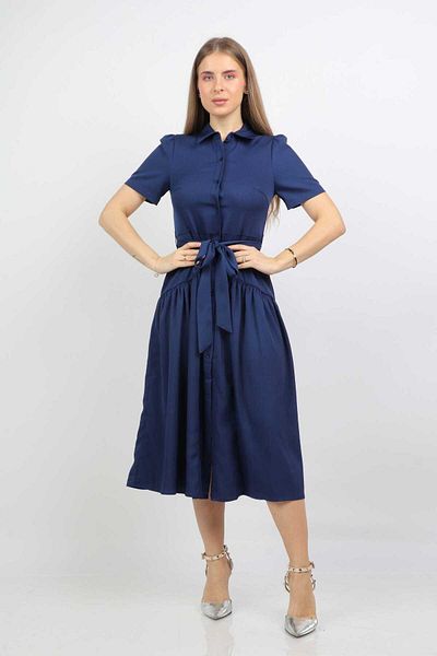 Nichii Women's Midi Shirt Dress with Collar and Short Sleeves, Waist Tie