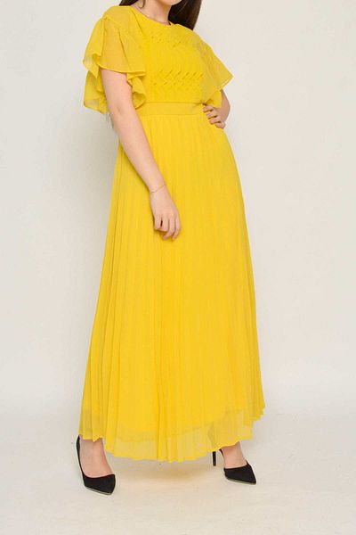 Nichii Casual Long Chiffon Dress with Pleats and Short Sleeves