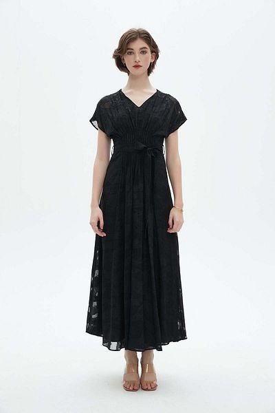 Nichii Embroidered Short Sleeve Long Dress with V-Neck