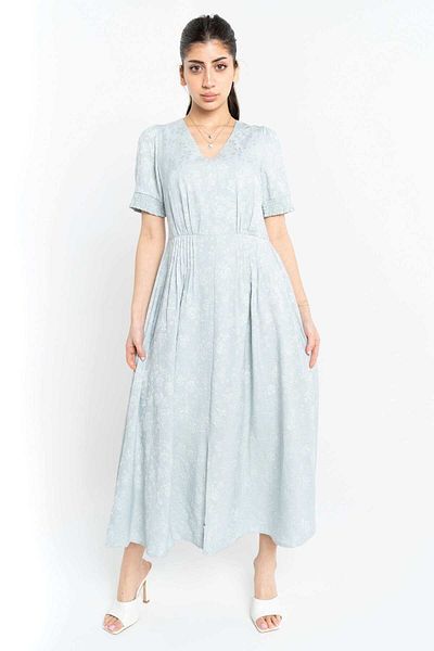 Nichii Floral Midi Dress with Waist Cinch, Short Sleeves, Women's Seven Openings