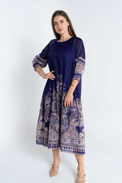 Nichii Women's Wide-Bottom Midi Dress with 3/4 Sleeves and Print