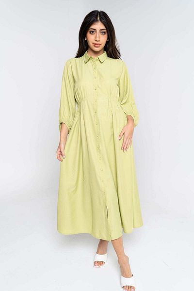 Nichii Women's Ruffled Waist Solid Midi Dress with 3/4 Sleeves and Collar