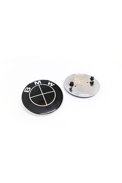 OEM Set Two BMW-Compatible Emblems + 4 Mounting Bushings, 82mm and 74mm, Black