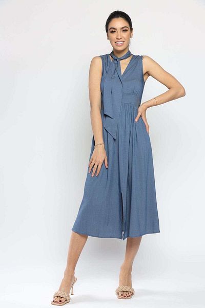 Nichii Women's Midi Dress with Neck Tie and Front Slit, Sleeveless
