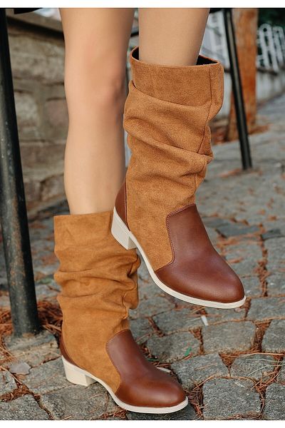 Zerenyus Jolin Tan Suede Λεπτομερείς μπότες σε στυλ καουμπόη
