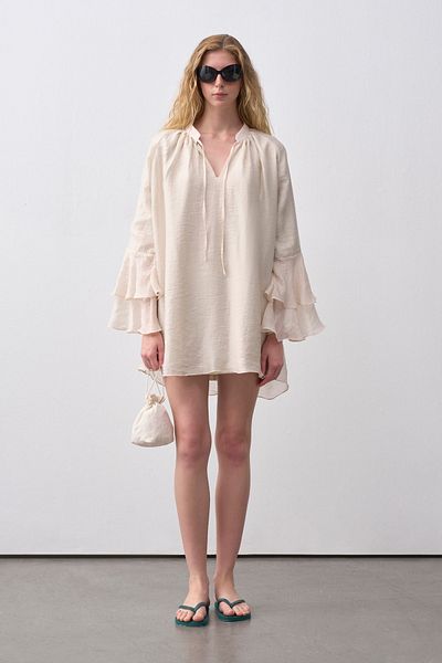 mathilda store Women's Ecru Flounced Mini Chiffon Dress