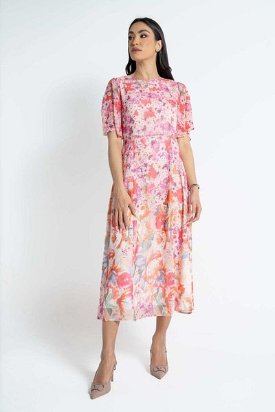Nichii Floral Chiffon Short Sleeve Midi Dress