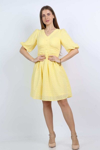 Nichii Short Puff Sleeve Waist-Defined Dress with Seven Openings