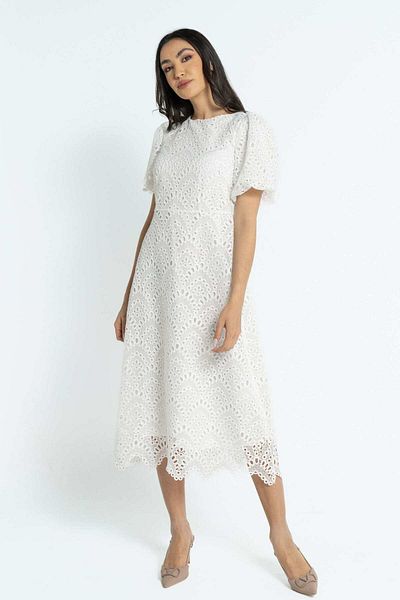 Nichii Short Sleeve Lace Midi Dress with Waist Detail