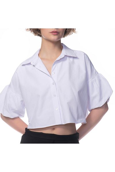 Appleline Women's Sleeve Detailed Oversize Poplin Crop Shirt Ecru