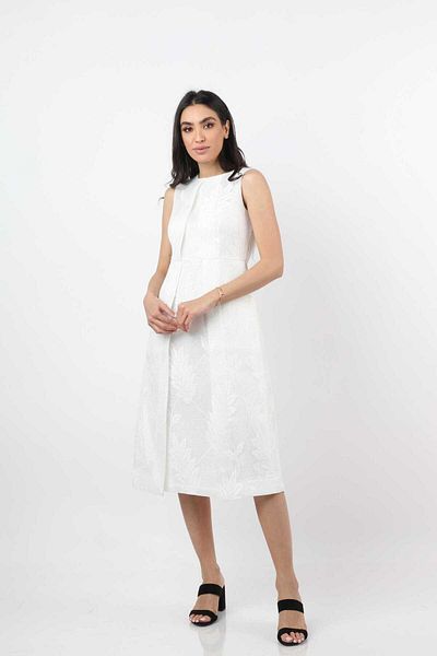 Nichii Women's Sleeveless Lace Midi Dress with Waist Detail