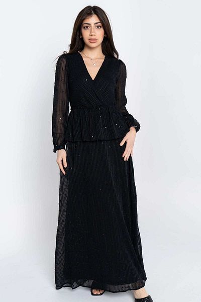 Nichii Long Maxi Dress with Sheer Long Sleeves and Seven Neckline