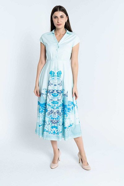 Nichii Women's Midi Flared Dress with Front Buttons and Seven-Opening Design