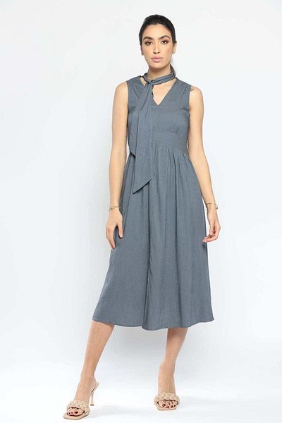 Nichii Women's Midi Dress with Neck Tie and Front Slit, Sleeveless