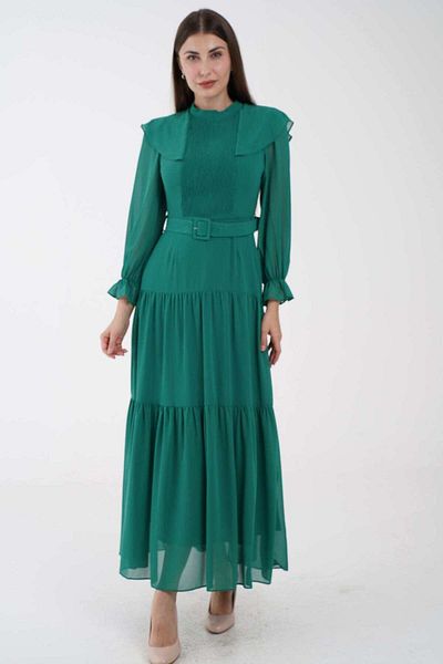Nichii Women's Layered Maxi Dress with Long Sleeves and Fitted Waist