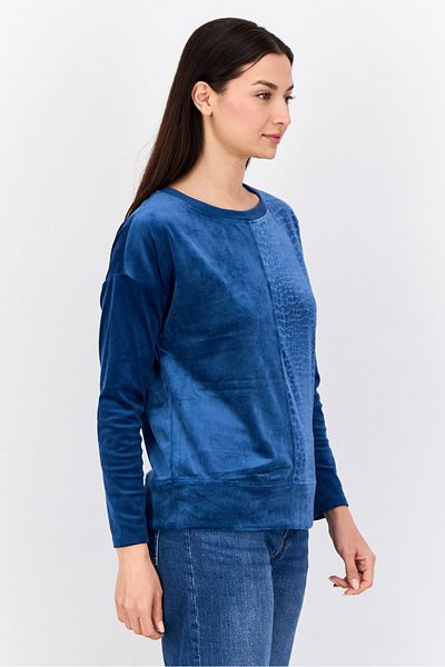 Cable&Gauge Women Round Neck Long Sleeve Animal Print Sweatshirt, Blue