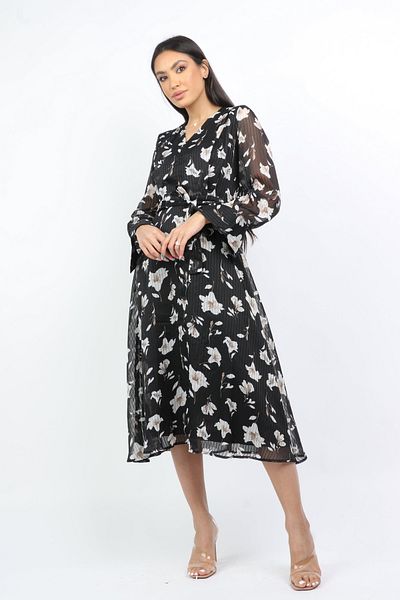 Nichii Floral Chiffon Midi Dress with Long Sleeves