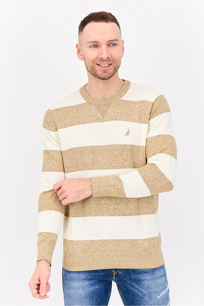 Navtech By Nautica Men Crew Neck Stripe Sweater, Beige/Cream