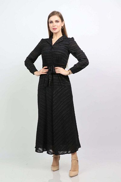 Nichii Long Ribbed Dress with Waist Tie and Seven-Button Long Sleeves