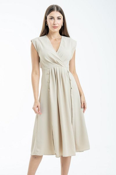 Nichii Women's Midi Dress with Seven Wrap Neckline and Short Sleeves
