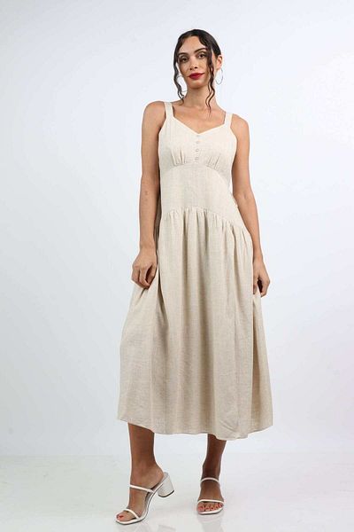 Nichii Women’s Solid Midi Dress with Wide Straps and Fitted Waist, No Sleeves