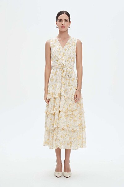 Nichii فستان ميدي بدون أكمام مزهر مع فتحة رقبة سبعة