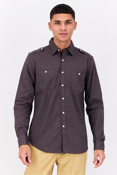 Paper Denim & Cloth Men Slim Fit Solid Long Sleeves Casual Shirt, Stlee Grey