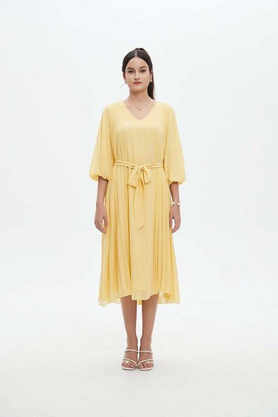 Nichii Women's Midi Dress with 3/4 Sleeves, V-Neck, and Waist Tie