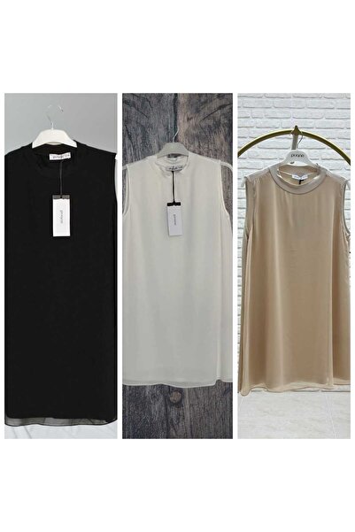 Puane Women's Black + Ecru + Beige Colors Set of 3 Sleeveless Front Chiffon Detailed Tunic/Underwear 10270