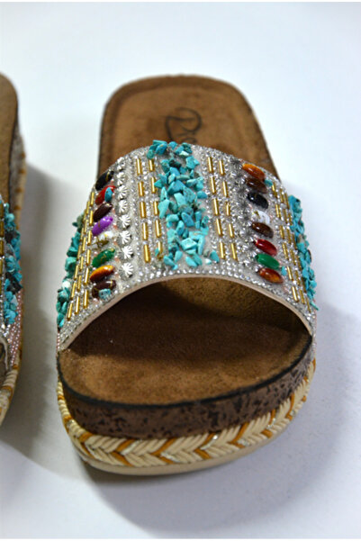 SUNSTEP Ethnic Patterned Striped Pink Beaded Women's Slippers – Summer Casual Platform Slippers