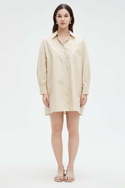 Nichii Women's Short Loose Solid Dress with Front Buttons and Long Sleeves