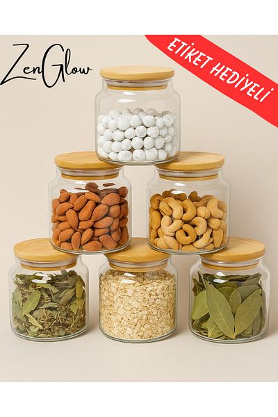 ZenGlow 6-Piece Glass Spice Jar Set - Vacuum Storage Container with Bamboo Lid - Food Spice - Kitchen Organizer