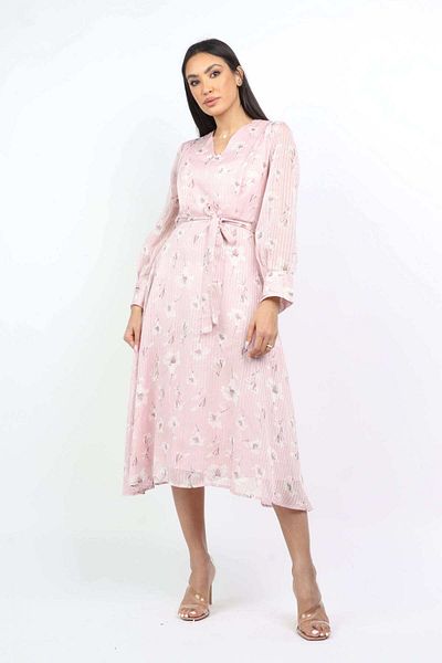 Nichii Floral Chiffon Midi Dress with Long Sleeves