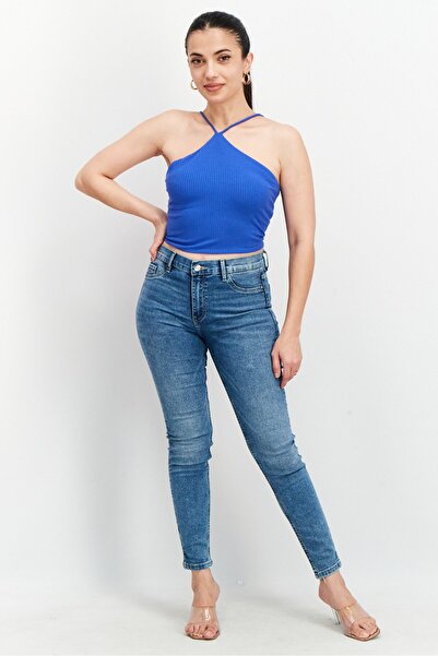 Sinsay Women Halted Neck Sleeveless Tie Detail Crop Top, Blue