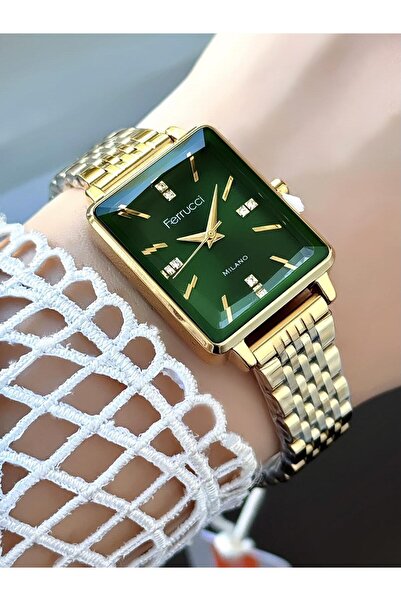 Ferrucci Milano Kadın Kol Saati – Yeşil Taşlı Kadran, Kesme Cam, Dikdörtgen Kasa, Altın Metal Kordon
