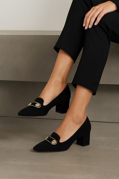 Deriderim Stone Detailed Suede Mid-Heeled Women's Shoes