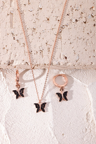 Lucente Jewellery Özel Hediye Kutulu 925 Ayar Rose Gümüş Kaplama Siyah Taşlı ...