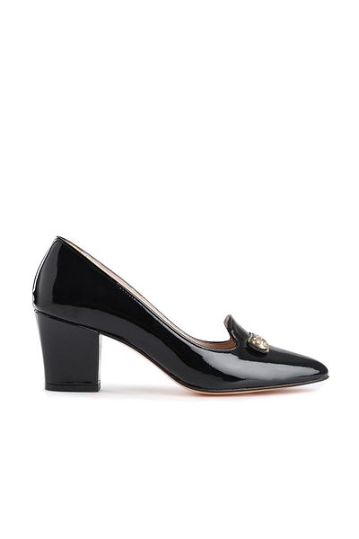 Deriderim Stone Detailed Patent Leather Medium Heeled Women's Shoes