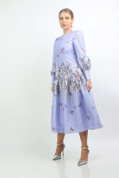 Nichii French Midi Dress with Long Sleeves and Butterfly Print