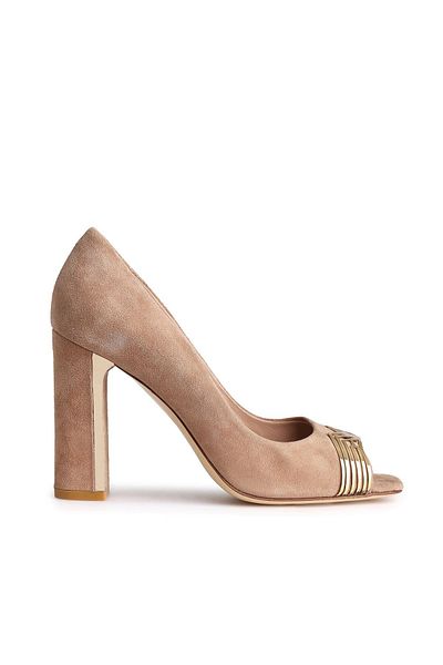 Deriderim Suede Beige Heeled Shoes with Gold Detail