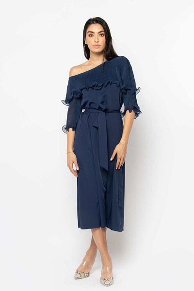 Nichii Short-Sleeve Midi Dress with One-Shoulder Design