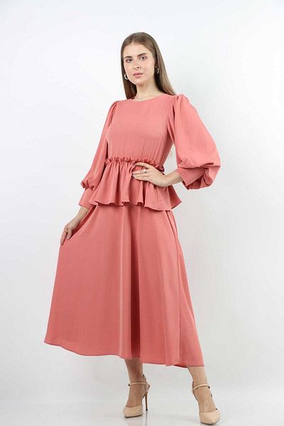 Nichii Women's Midi Dress with Long Sleeves and Ruffles at the Waist