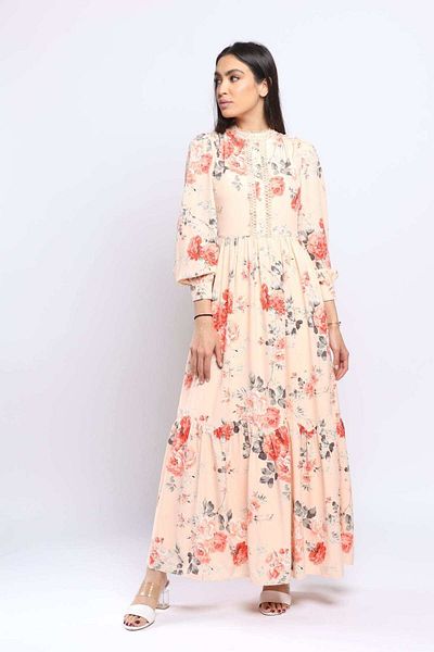 Nichii Women's Long Sleeve Floral Evening Dress with Round Neck